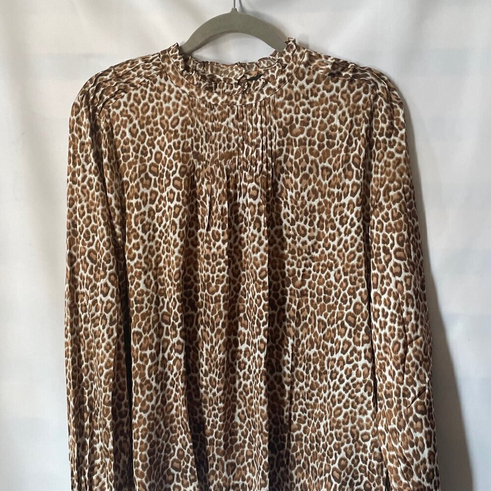 J Crew Leopard Top Womens Large Long Sleeve Ruffle Neck Relaxed Brown Blouse - Picture 7 of 7